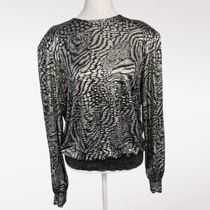 Vintage Judy Bond Long Sleeve Shirt Animal Print Black Gold Metallic Medium